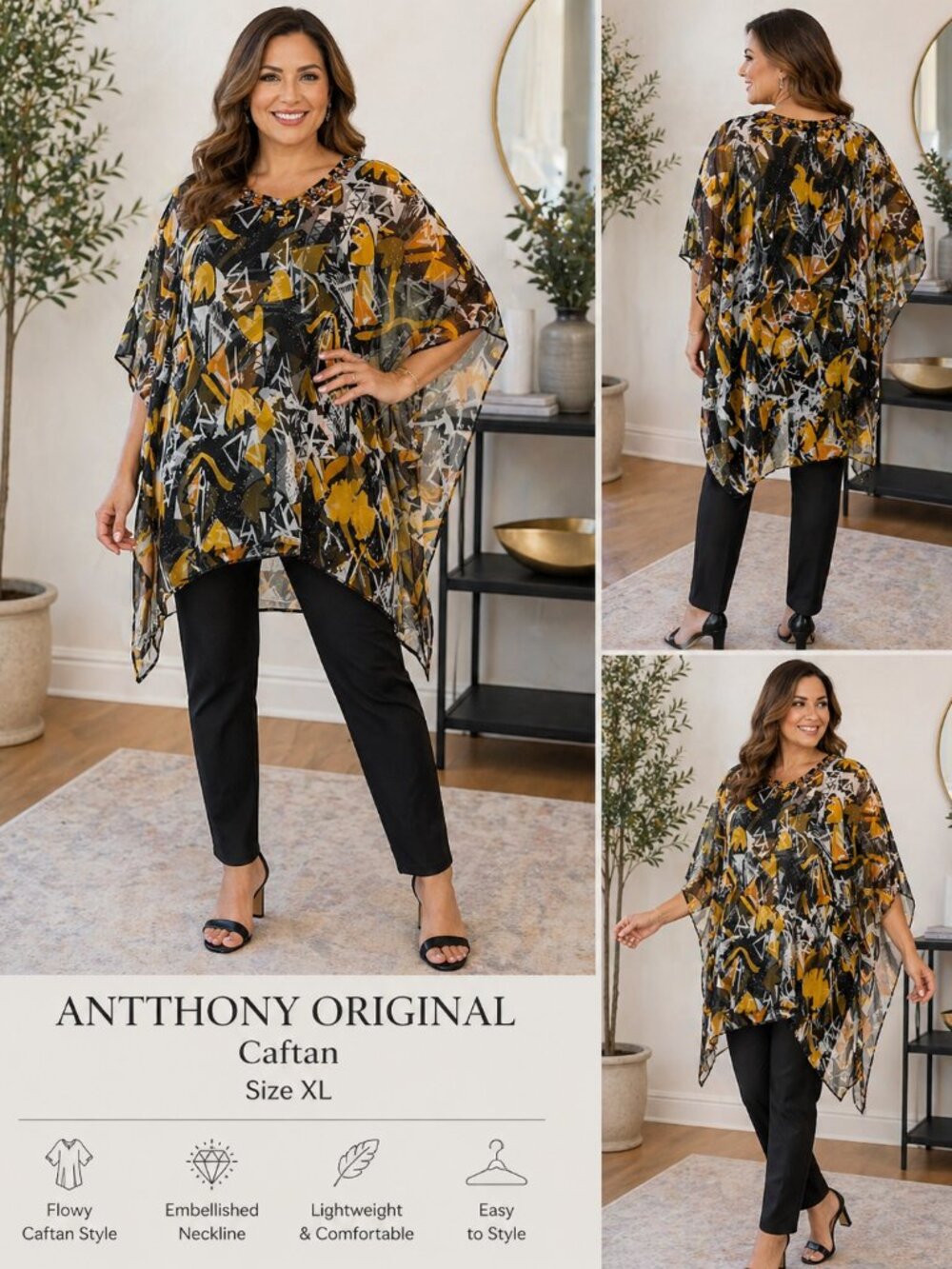 🆕Antthony Original Printed Caftan XL | Sheer Overlay Embellished Neck